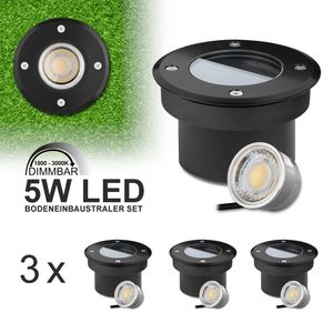 3er Set Flacher LED Bodeneinbaustrahler - Dimmbare Farbtemperatur - mit tauschbarem LED Leuchtmittel von LEDANDO - 5W - warmweiß - IP67 - Schwarz - 80mm