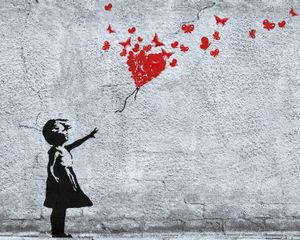 Mädchen Poster Kunstdruck - Mädchen Mit Luftballon Und Schmetterlingen, Banksy-Style (40 x 50 cm)