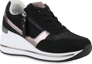 VAN HILL Damen Sneaker Schnürer Metallic Zipper Glitzer Schuhe 841565, Farbe: Schwarz Metallic, Größe: 40