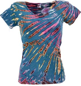 Batik Hippie T-Shirt mit V-Auschnitt - Petrol, Damen, Türkis, Viskose,Elasthan, Tops & T-Shirts