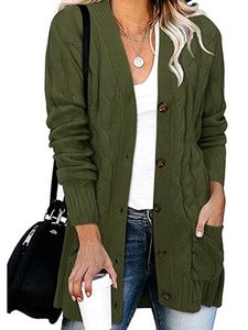 Damen Strickjacken Kabel Gestrickt Outwear Casual Jacket Ein Einzelner Mantel Urlaub Militärgrün,Größe EU XL