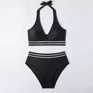 Damen Neckholder Strap High Waist Split Badeanzug Mode Strand Schwimmen Bademode,Farbe:Schwarz,Größe:EU 32