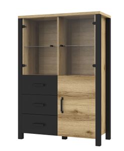 Furniture24 Vitrine OLIN 44 Wohnzimmerschrank 3 Türiger 3 Schubkladen Grand Eiche natur/Schwarz matt Vitrinenschrank Schrank ohne Beleuchtung