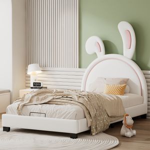 Čalúnená posteľ Fortuna Lai 90*200 cm, detská posteľ s roštom a operadlom, dievčenská posteľ v tvare zajačieho ucha s vyvýšenými nožičkami, biela (matrac nie je súčasťou balenia)