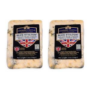 Food-United BLUE STILTON CHEESE PDO 2x 150g Blau-Schimmel-Käse von Coombe-Castle Blauschimmelkäse British-Blue-Mold-Cheese passt zu Port-Wein Chutney Birnen Feigen-Senf Pilzen u. Walnüssen