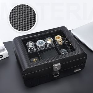 Seelux Uhrenbox Herren Uhren Vatertagsgeschenk Aufbewahrungsbox mit Glasdeckel, abschließbar Schmuckkästchen Uhrenkoffer für 4 Uhren und Schmuck Ringe Broschen Brille, Kunstleder, Schwarz