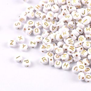 Buchstaben Perlen, 500 Stück, 4x7 mm, weiß mit gold, rund, Buchstaben Mix
