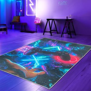 Gaming-Teppich mit lebendigen neon-farbigen Symbolen und schwebendem Controller Größe - 160 x 230 cm