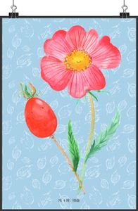 Mr. & Mrs. Panda Poster Blume Hagebutte DIN A2 - Blau Pastell - Geschenk, Lebensfreude, Posterdruck, Sommer Deko, Pflanzen, Wanddeko Bild, Blumen, Wandposter, Blumen Deko