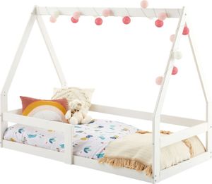Hausbett LUSIA Kinderbett in Hausform, 80 x 160 cm, weiß, Kiefernholz Kinderbett mit Rausfallschutz, ideal zum Schlafen und Spielen, Bodenbett, Montessori