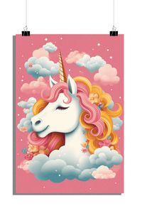 Einhorn Poster - Für das Kinderzimmer Poster - Rosa Hintergrund Poster - Kinder Poster - 61x91cm - Perfekt zum Einrahmen