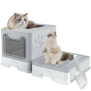 WISFOR Box na kočičí stelivo s výsuvným zásobníkem, box na stelivo s lopatkou, skládací přenosný box s dvojitými dvířky