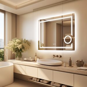 WISFOR LED kúpeľňové zrkadlo s osvetlením Zrkadlo na líčenie Nástenné zrkadlo Svetelné zrkadlo, dotykový spínač s 3 farbami svetla 3000-6500K, 3-násobné zväčšenie, proti zahmlievaniu, stmievateľné, 70 × 90 cm