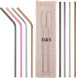 H&S 8x Edelstahl Strohhalm - 8 Strohhalme aus Edelstahl - Trinkhalme Edelstahl - Set Metallstrohhalme - Strohhalme wiederverwendbar aus Metall -