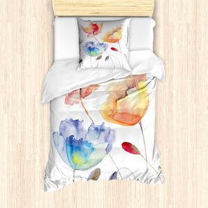 ABAKUHAUS Aquarell-Blumen Mantele, Natur Blumen, Milbensicher Allergiker geeignet mit Kissenbezügen, 135 cm x 200 cm - 80 x 80 cm, Orange, Blau, Rot