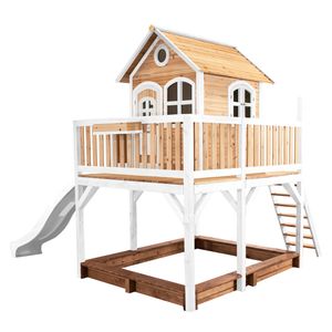 AXI Spielhaus Liam mit Sandkasten & weißer Rutsche | Stelzenhaus XXL in Braun & Weiß aus  Holz für Kinder | Spielturm mit Wellenrutsche für den Garten