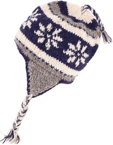 Wollmütze mit Ohrenklappen, Norwegermütze, Wintermütze - Grau/blau, Uni, Wolle, Mützen