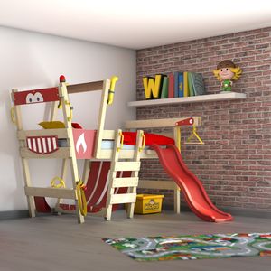 WICKEY Kinderbett Hochbett CrAzY Smoky mit roter Rutsche Hausbett 90 x 200 cm, Etagenbett