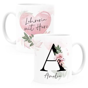 Kaffee-Tasse mit Name und Spruch mit Herz Initiale Monogramm Dankeschön personalisierte Geschenke SpecialMe® Lehrerin weiß Keramik-Tasse