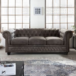 Chesterfield 3-Sitzer Sofa vintage grau taupe mit Knopfheftung und Federkern