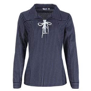 modAS Damen Takelhemd mit V-Ausschnitt mit Kordelschnürung - Maritimes Fischerhemd mit breiten Streifen Blau Größe 36
