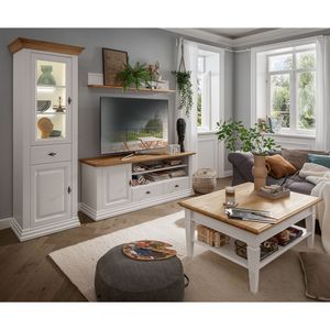 Wohnmöbel Set weiß ESBJERG-69 Landhausstil in Kiefer weiß lackiert mit Eiche massiv 4-teilig