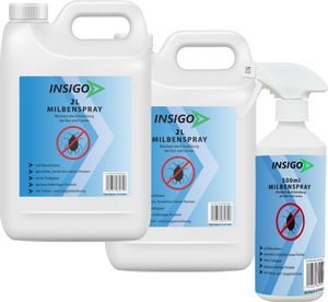 INSIGO 2x2L + 500ml Anti-Milbenspray, Mittel gegen Milben Milbenbefall Milbenfrei Schutz gegen Eier auf Wasserbasis, fleckenfrei, geruchlos, mit Schnell- & Langzeitwirkung frei EX