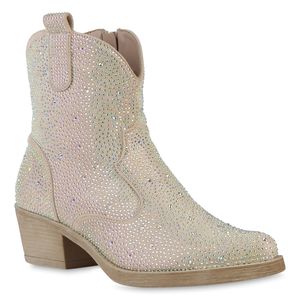VAN HILL Damen Cowboy Boots Stiefeletten Spitze Strass Western Schuhe 840903, Farbe: Beige, Größe: 39