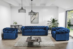 Couchgarnituren im Chesterfield Stil, Set 3+2+1, Relaxsofa mit Steppung, Sofa Sessel mit Holzbeine CHESTER (Marineblau)