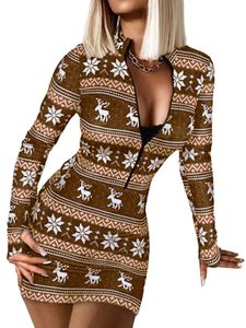 Damen Schneeflocke Print Mini Kleider Urlaub Gegen Hals Kurze Kleider Bodycon Weihnachten, Farbe:Braun, Größe:Xl