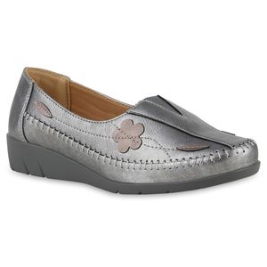 VAN HILL Damen Slip Ons Slippers Bequeme Blumen Profil-Sohle Schuhe 841042, Farbe: Grau Metallic, Größe: 40