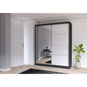 Schwebetürenschrank Kleiderschrank Schrank Garderobe Spiegel Multi 35 - 183 cm (Schwarz/Weiß) + Spiegel