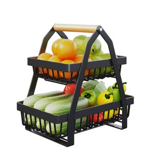 Heikoeco® Obstschale, Obstkorb, Obst Etagere, 2-Stöckiger Obstkorb aus Metall für Küche, Wohnzimmer, Büro, Obst Etagere, Obst Aufbewahrung schwarz