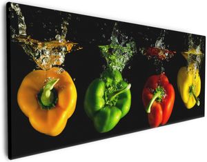 Wallario Premium Leinwandbild Bunte Küche  Paprika in rot  gelb  orange und grün im Wasser in Größe 50 x 125 cm