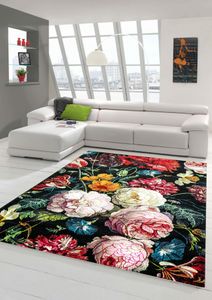 Teppich Blumen Wohnzimmer Teppich Blumenstrauß in schwarz creme rot Größe - 160x230 cm