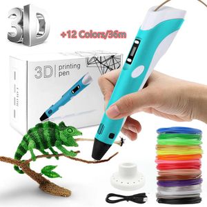 3D Stift + PLA Filament Set,3D Stifte mit LCD-Bildschirm + 12 Farben Φ1,75 mm 3d Filament - insgesamt 36 m, Kreative Spielzeuge und  Geschenk für Kinder(blau)