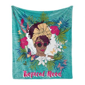 ABAKUHAUS Afro Girl Weich Flanell Fleece Decke, Tropische Stimmung Blumenkunst, Gemütlicher Plüsch für den Innen- und Außenbereich, 125 x 175 cm, Türkis und Magenta