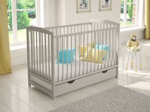 Love For Sleep Grau Babybett Gitterbett mit Schublade 120 x 60cm + Schaumstoffmatratze + Sicherheitsgitter aus Holz + Schutzhülle