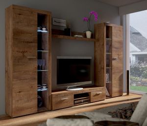 Wohnzimmer – Set Schrankwand Medienwand RUMBA XL Eiche Lefkas Wohnwand - zwei Vitrinen / TV-Lowboard / Wandregal