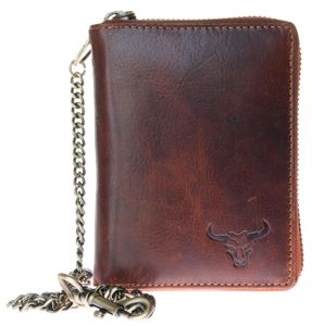 Pánska veľká kožená peňaženka s býčou hlavou dookola na kovový zips a 50 cm dlhou kovovou reťazou a karabínkou