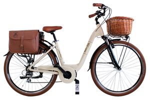 Elektro-Fahrrad Venere Dolce Vita by Canellini Citybike Frau Aluminium mit Korb und Seitentasche - Beige- Zentralmotor