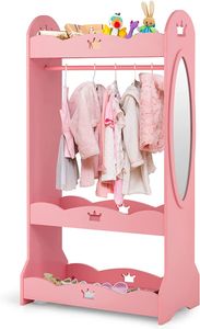 Kinderkleiderschrank mit Spiegel und Kleiderstange, Kinder Kleiderständer, Kinder Kleiderschrank mit 3 offener Ablagen für Kinderzimmer, 62x34x116cm