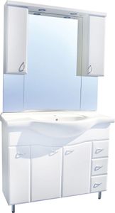 Badmöbel Set SANREMO LUX 105 - Waschbeckenunterschrank mit 3 Türen, 3 Schubladen inkl. Füße, Keramik Waschbecken, Spiegel mit Halogen Beleuchtung inkl. 2 Hängeschränke