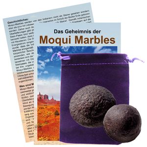 Moqui Marbles Paar ca. 3,5-4cm mit Zertifikat, deutschsprachigem Booklet Das Geheimnis der Moqui-Marbles und Stofftäschchen.