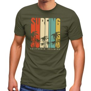 Herren T-Shirt Surfing Surfer Style Schriftzug California Dreams Palmen Print Sommer Fashion Streetstyle Neverless® army XXL