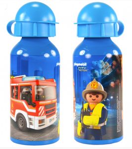Playmobil Trinkflasche für Kinder - City Action Feuerwehr Flasche Wasserflasche aus Aluminium 400 ml Blau