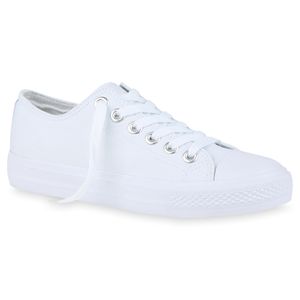 Mytrendshoe Bequeme Damen Sneakers Low Cut Canvas Schuhe Schnürer 811545, Farbe: All Weiß Silber, Größe: 38