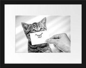 Lustige Katze mit Lächeln auf Papier, MonochromeBilderrahmen mit Galerie-Passepartout / Format: 38x30cm / gerahmt / hochwertige Leinwandbild Alternative
