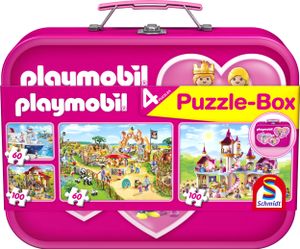 Puzzlebox PLAYMOBIL pink 4 Kinderpuzzle im Metallkoffer 2x60 und 2x100 Teile