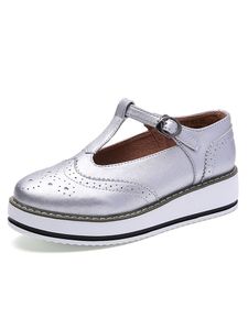Damen T-Strap Kleid Schuh Mode Loafers Bequeme Rutschfeste Vintage Leder Oxford Schuhe Silber,Größe:EU 39